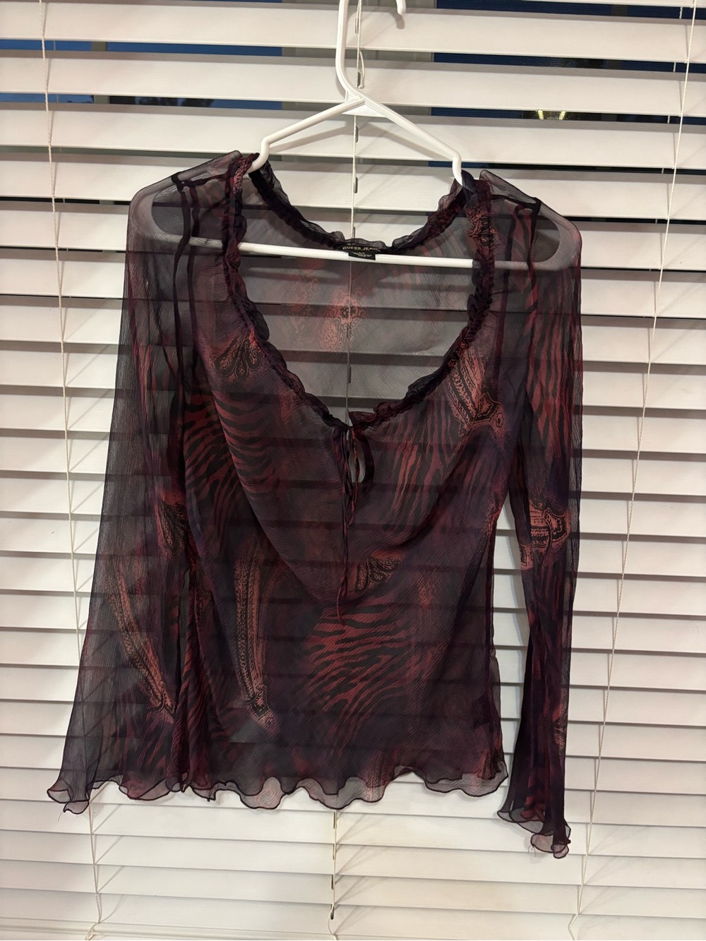 Guess Sheer Mesh Long-Sleeve Blouse in Burgundy and Black